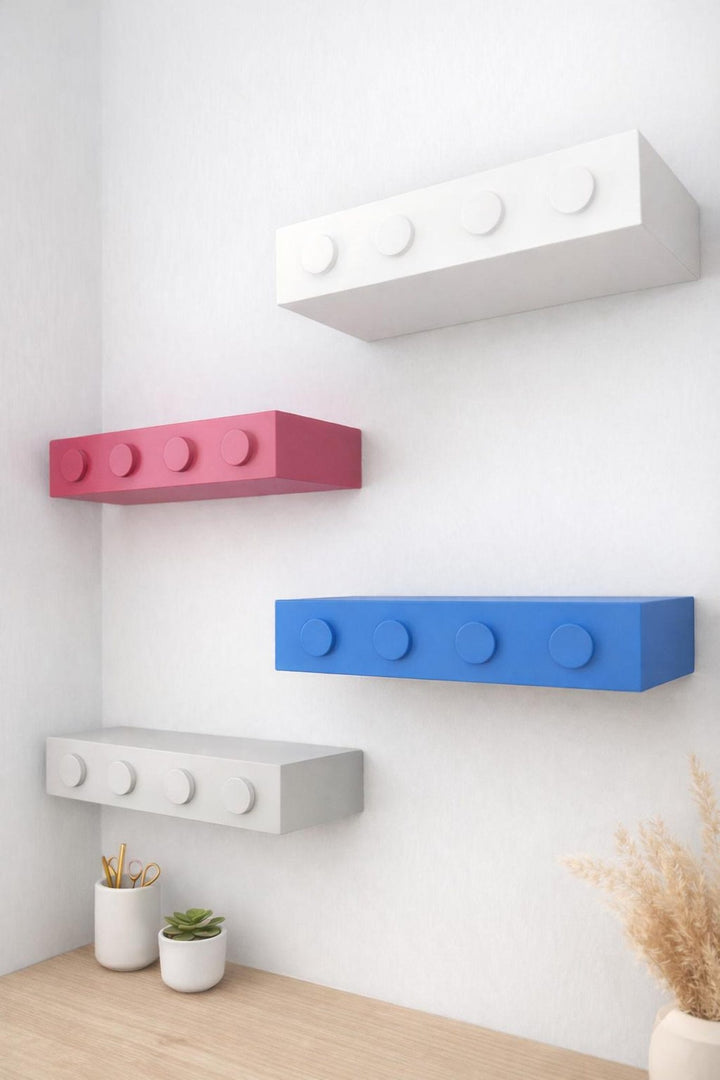 Kids wall toy storage shelf with colorful floating shelves in pink, blue, and white, perfect for toy organization.