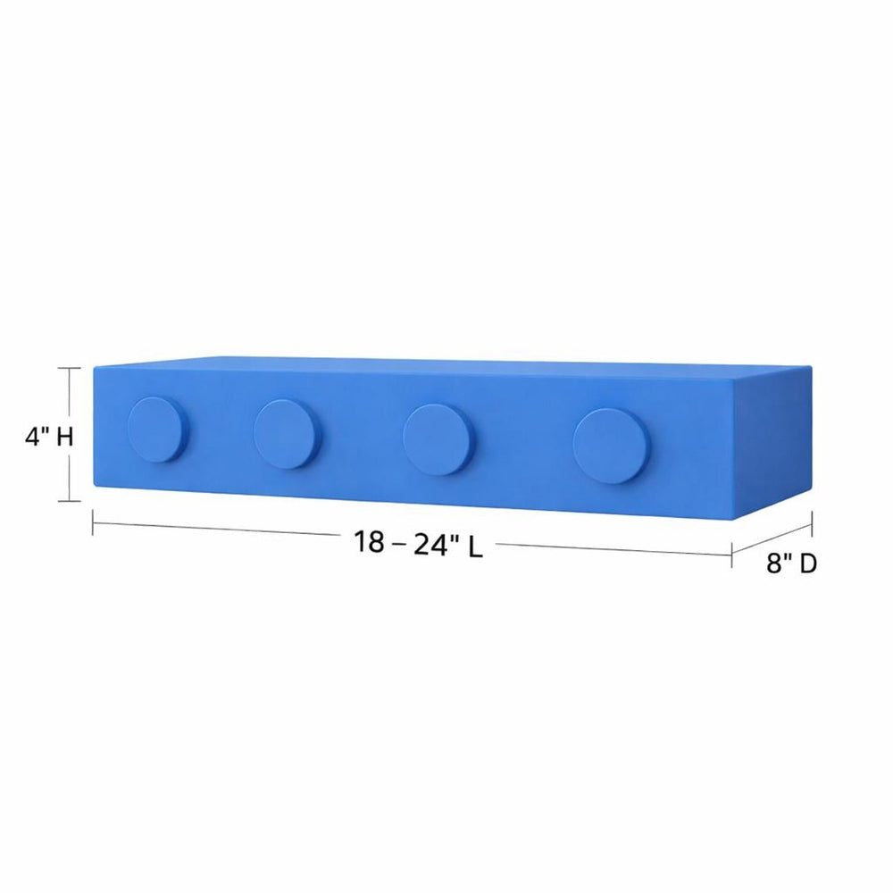 kids wall toy storage shelf in blue color with four circular pegs for organizing small toys.