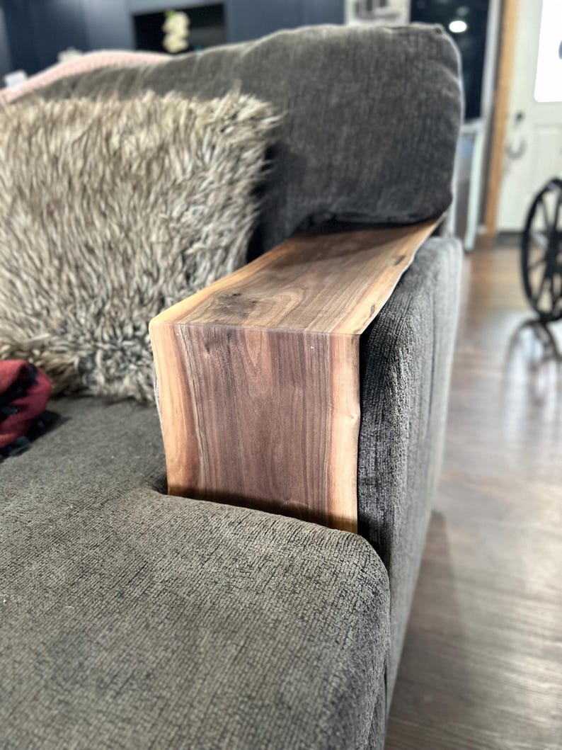 Live Edge Walnut Couch Arm Table | Handmade Wooden Sofa Arm Tray - Stumps Custom Wood