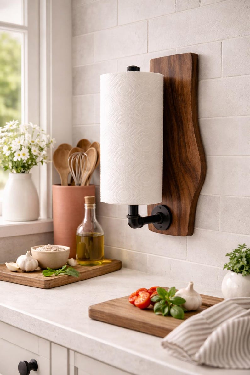 Live Edge Walnut Towel Holder — Industrial Paper Towel Holder - Stumps Custom Wood