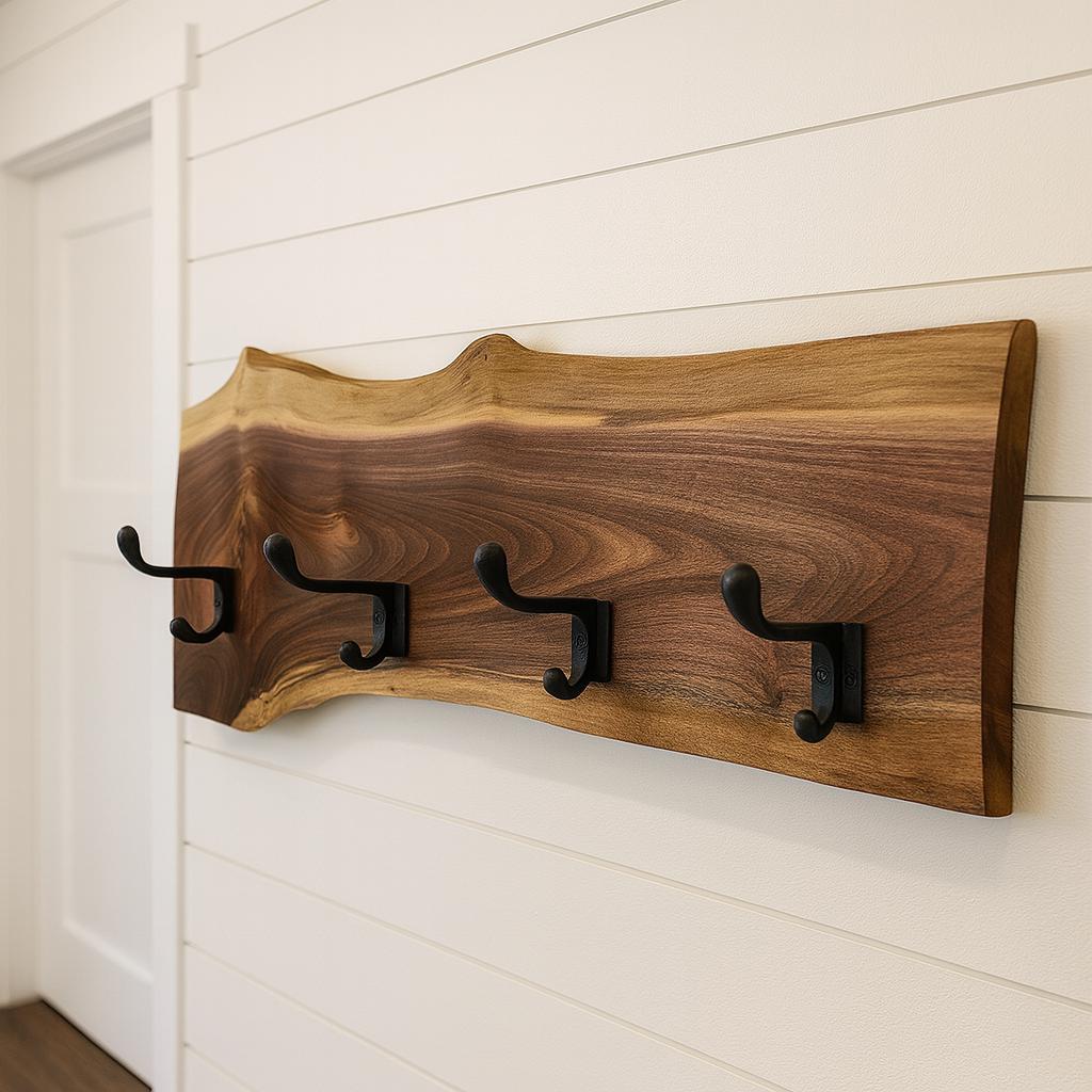 Live Edge Wooden Coat Rack: Rustic Wall Mounted Entryway Shelf - Stumps Custom Wood