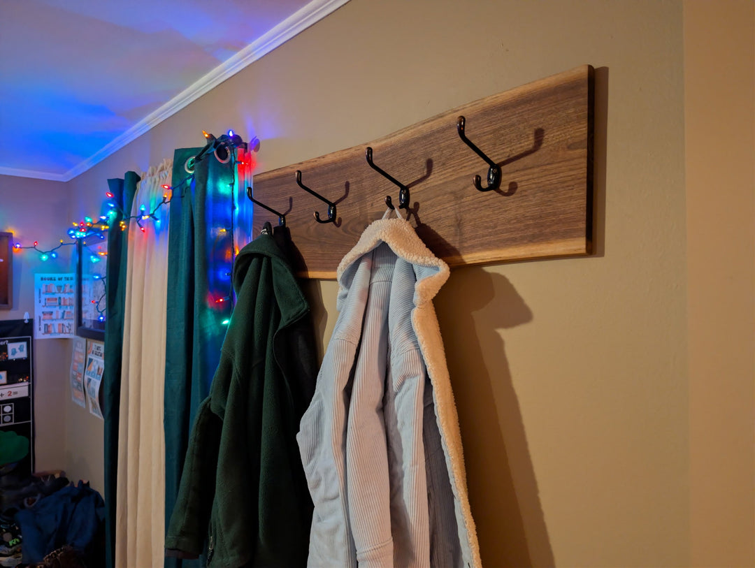 Live Edge Wooden Coat Rack: Rustic Wall Mounted Entryway Shelf - Stumps Custom Wood
