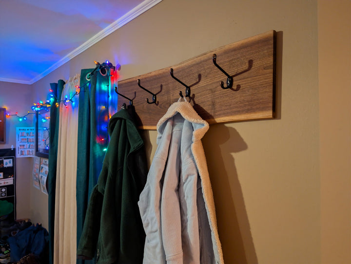 Live Edge Wooden Coat Rack: Rustic Wall Mounted Entryway Shelf - Stumps Custom Wood