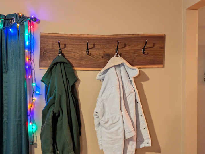 Live Edge Wooden Coat Rack: Rustic Wall Mounted Entryway Shelf - Stumps Custom Wood