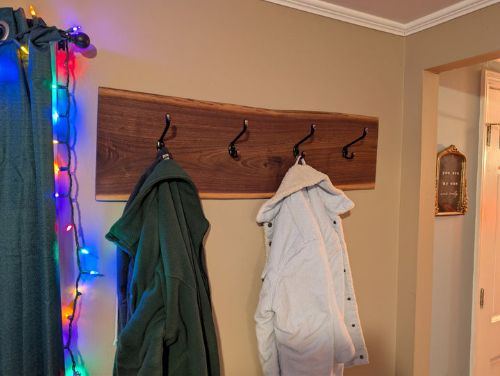 Live Edge Wooden Coat Rack: Rustic Wall Mounted Entryway Shelf - Stumps Custom Wood