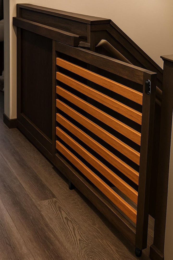 Modern Sliding Pocket Gate – Custom Baby &amp; Pet Safety Gate - Stumps Custom Wood