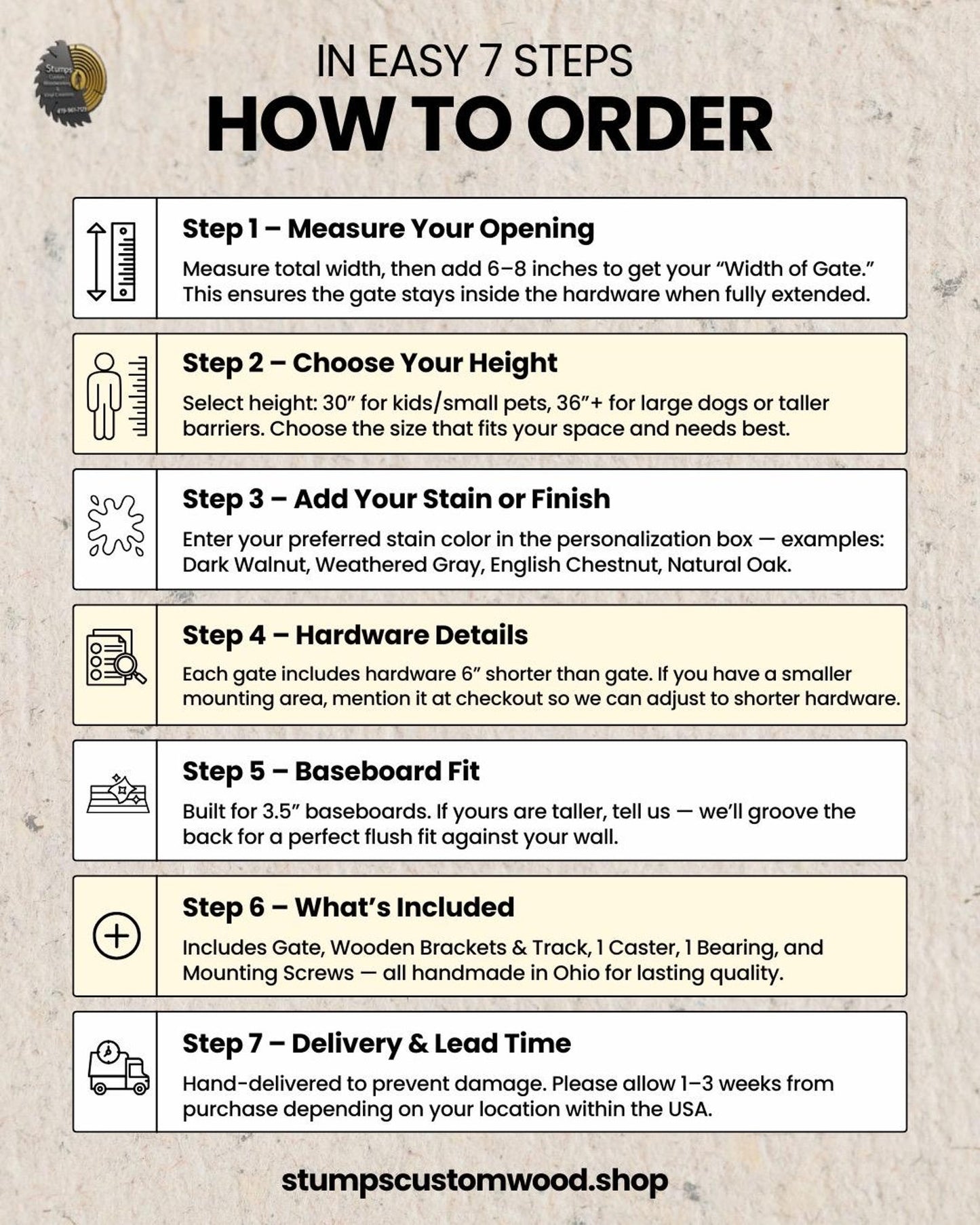 How to order a modern sliding slat baby gate in 7 easy steps including measuring and choosing height.