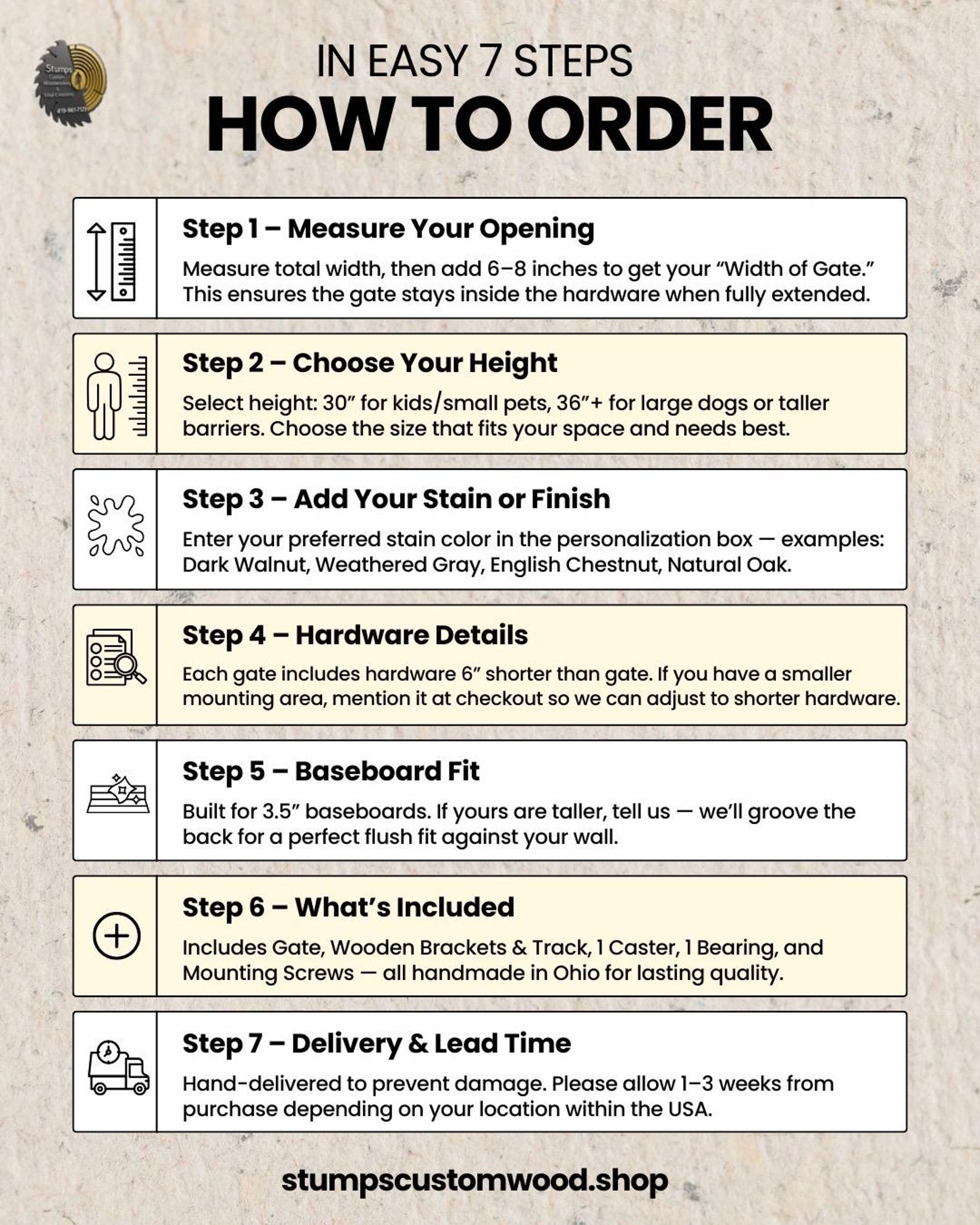 How to order a modern sliding slat baby gate in 7 easy steps including measuring and choosing height.