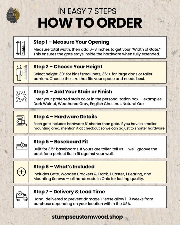 How to order a modern sliding slat baby gate in 7 easy steps including measuring and choosing height.