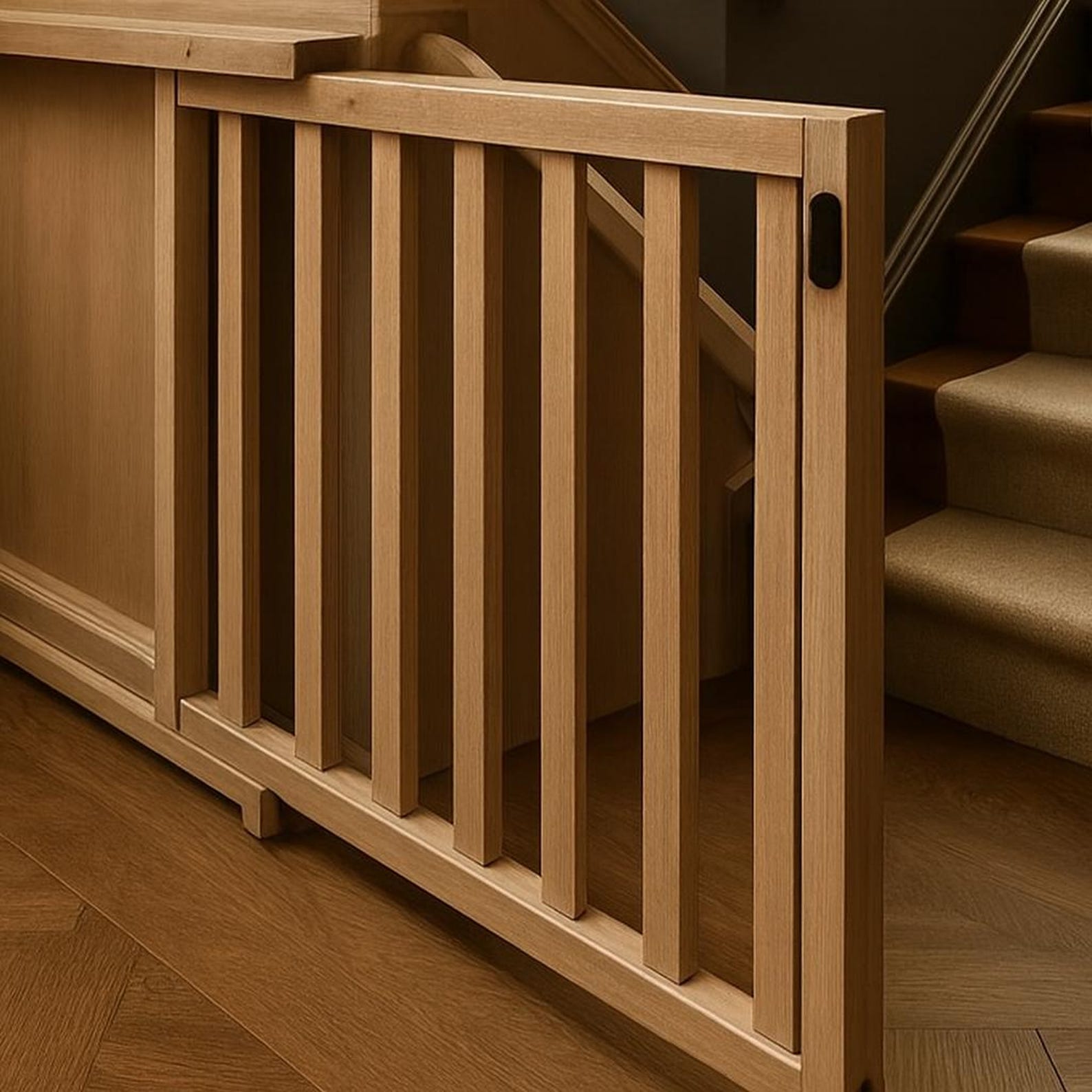 modern sliding slat baby gate shown in a stylish home setting with wooden stairs.