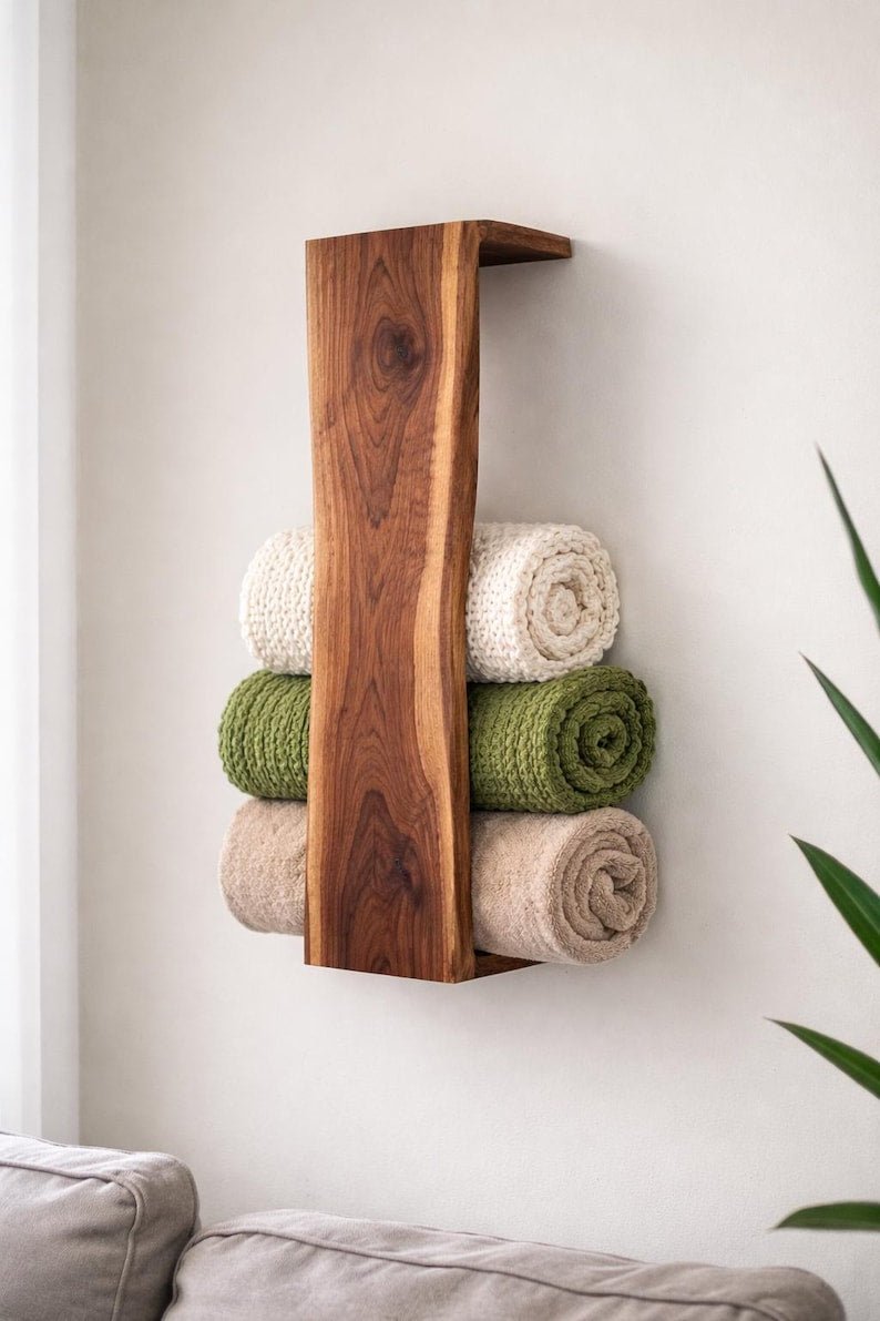 Natural Wood Blanket Holder | Rustic Wall Organizer Rack XL - Stumps Custom Wood