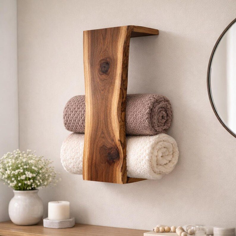 Natural Wood Blanket Holder | Rustic Wall Organizer Rack XL - Stumps Custom Wood