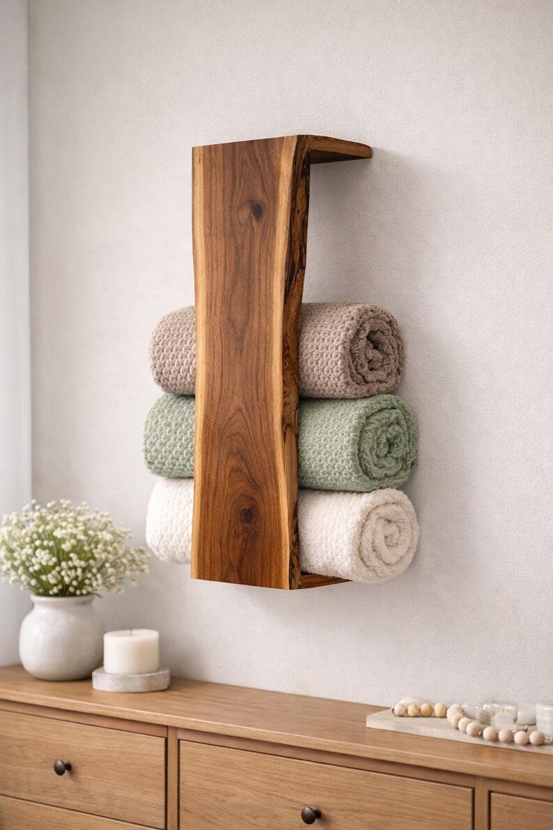 Natural Wood Blanket Holder | Rustic Wall Organizer Rack XL - Stumps Custom Wood