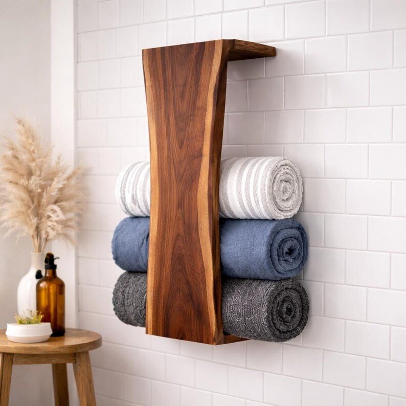 Natural Wood Blanket Holder | Rustic Wall Organizer Rack XL - Stumps Custom Wood