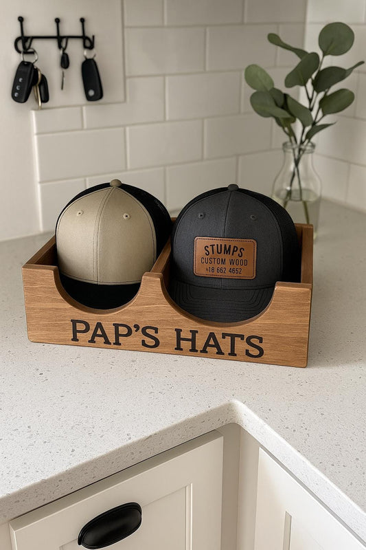 Personalized Hat Organizer Box: Engraved Wooden Keepsake Storage - Stumps Custom Wood