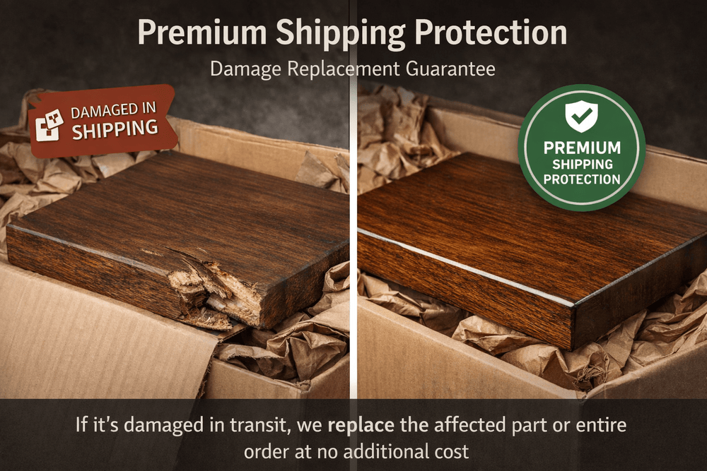 Premium Shipping Protection guarantee image showcasing damaged and undamaged product with replacement assurance details.