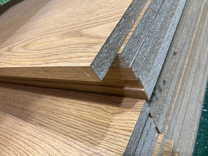 charcoal melamine shelves showcasing a wood-inspired finish and precision cut edges on 3/4" thick melamine boards.