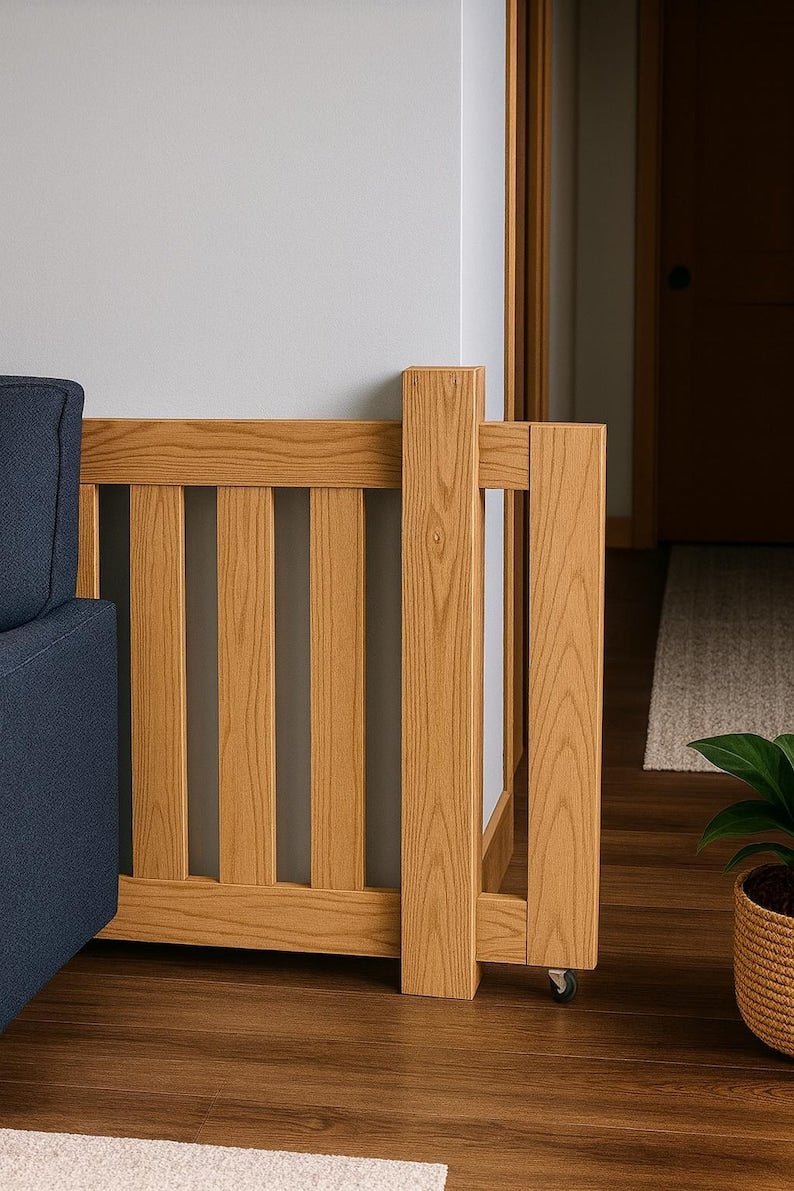 Custom Wooden Safety Gate in modern interior, minimalist design and space-saving for pet barrier.