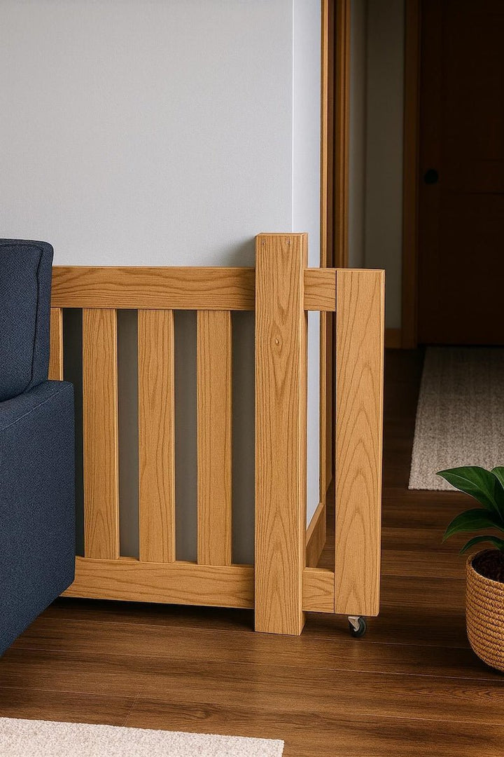 Custom Wooden Safety Gate in modern interior, minimalist design and space-saving for pet barrier.