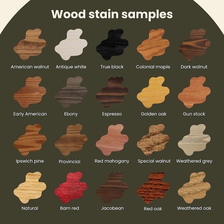 Wood stain samples for Custom Wooden Safety Gate including colors like American walnut, ebony, and weathered grey.