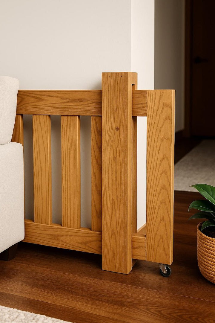 Custom Wooden Safety Gate – modern space-saving indoor pet barrier with sliding design and natural wood finish.