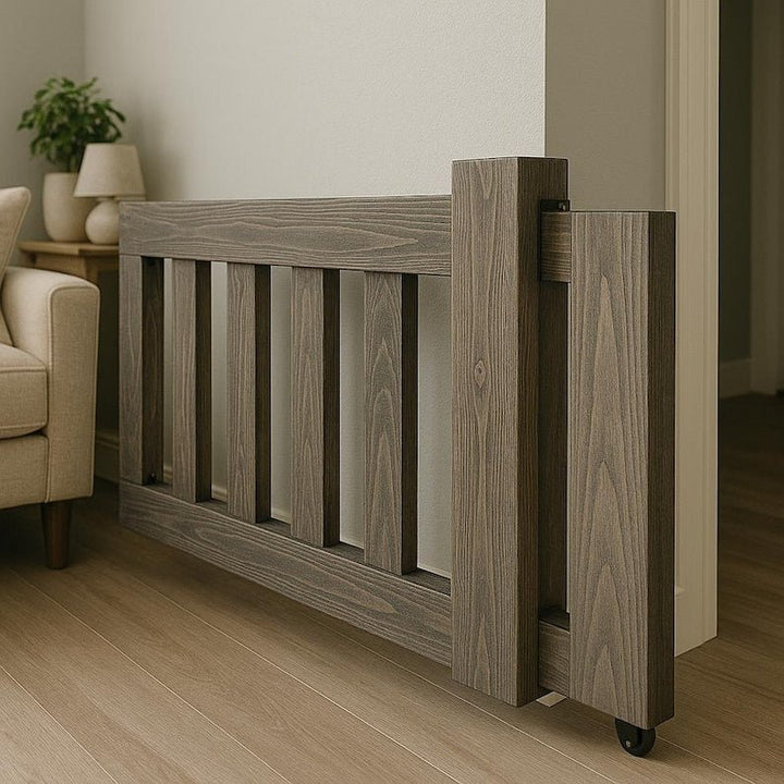 Custom Wooden Safety Gate seen in modern living space, designed as a space-saving indoor pet barrier.
