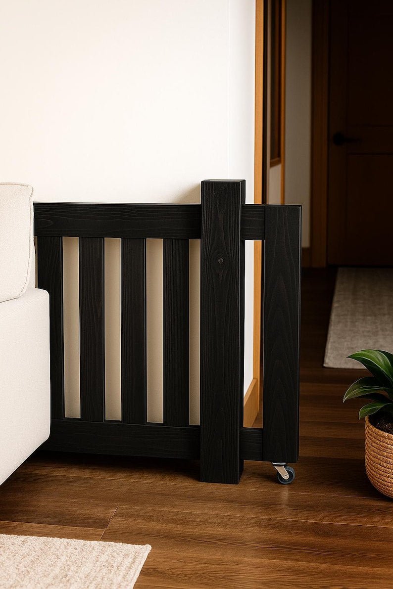 Custom Wooden Safety Gate sleek design in modern home, space-saving pet barrier elegantly folded away against wall.