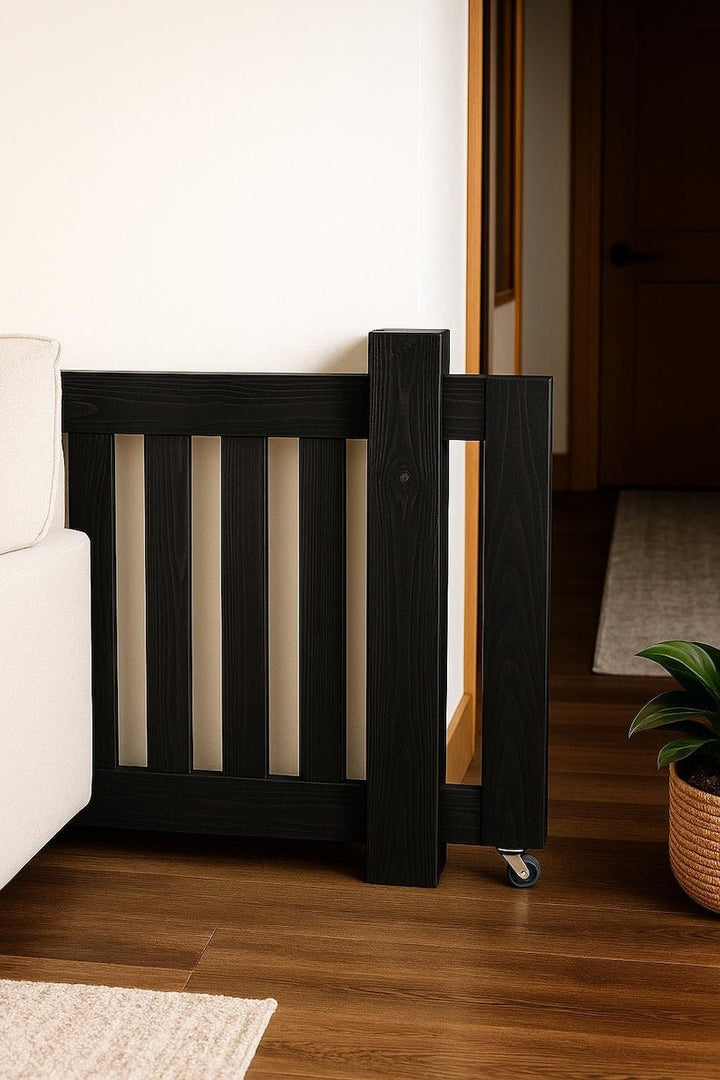 Custom Wooden Safety Gate sleek design in modern home, space-saving pet barrier elegantly folded away against wall.