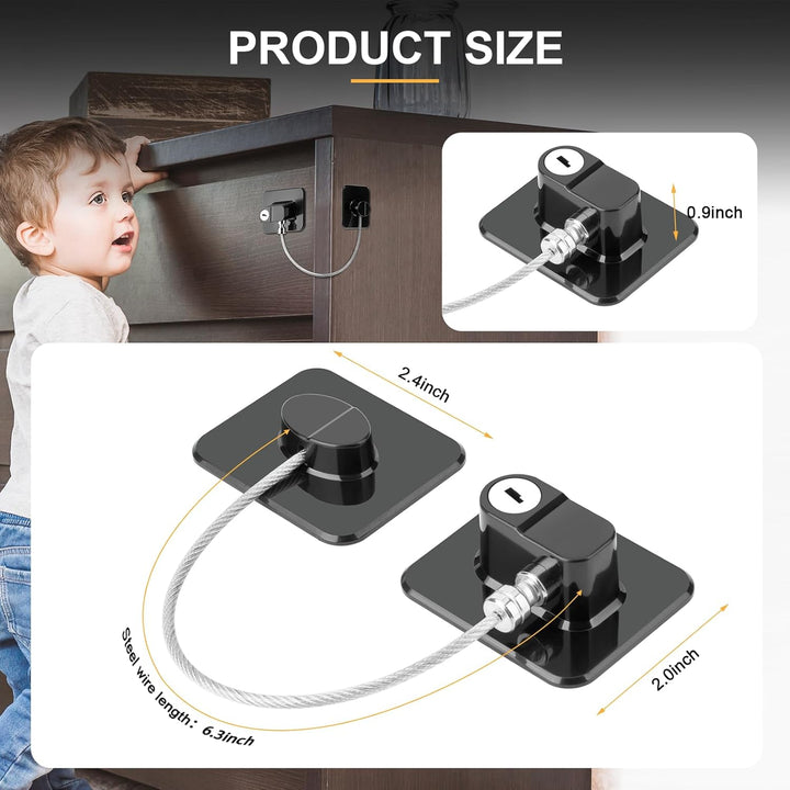 Stick-On Reptile Enclosure Locks on a cabinet showcasing product size and features to secure reptile enclosures.
