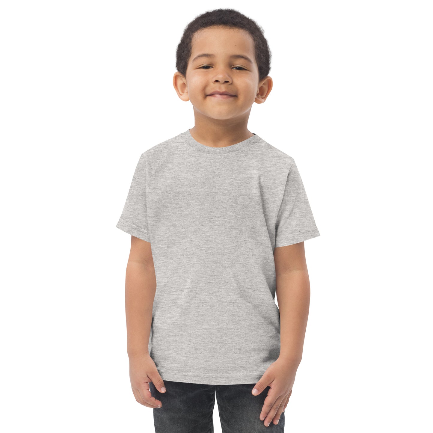 Stumps Custom Wood Toddler jersey t-shirt modeled by a smiling child in a gray color.