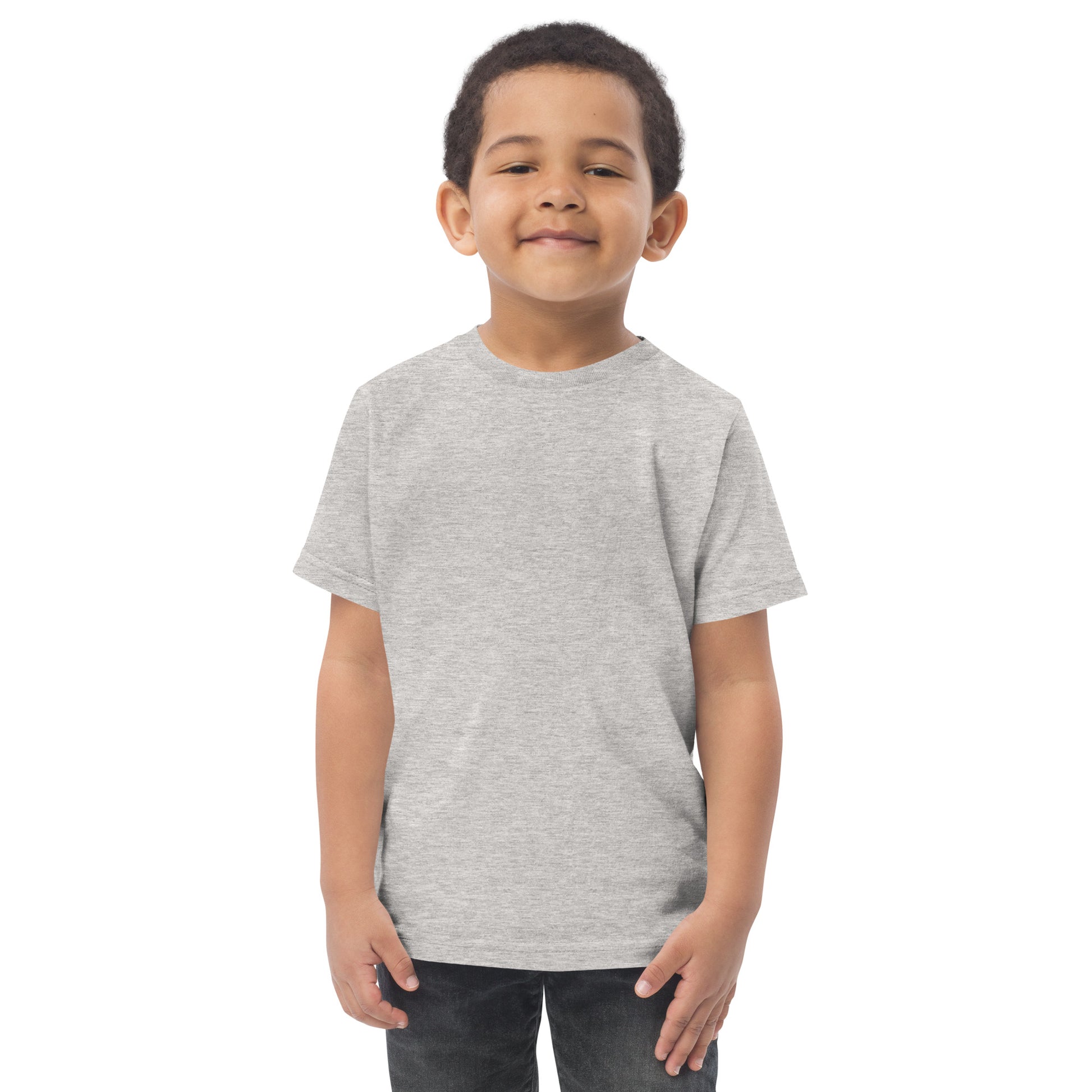 Stumps Custom Wood Toddler jersey t-shirt modeled by a smiling child in a gray color.