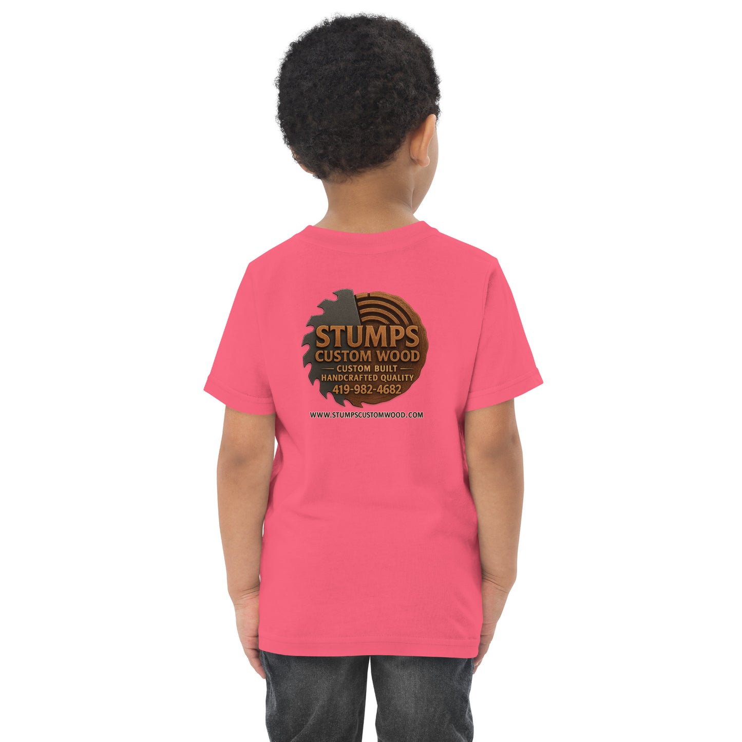 Stumps Custom Wood Toddler jersey t-shirt in pink, featuring logo on the back, perfect for adventures.