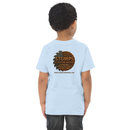 Stumps Custom Wood Toddler jersey t-shirt featuring logo on the back in a soft blue color, perfect for comfort and adventures.