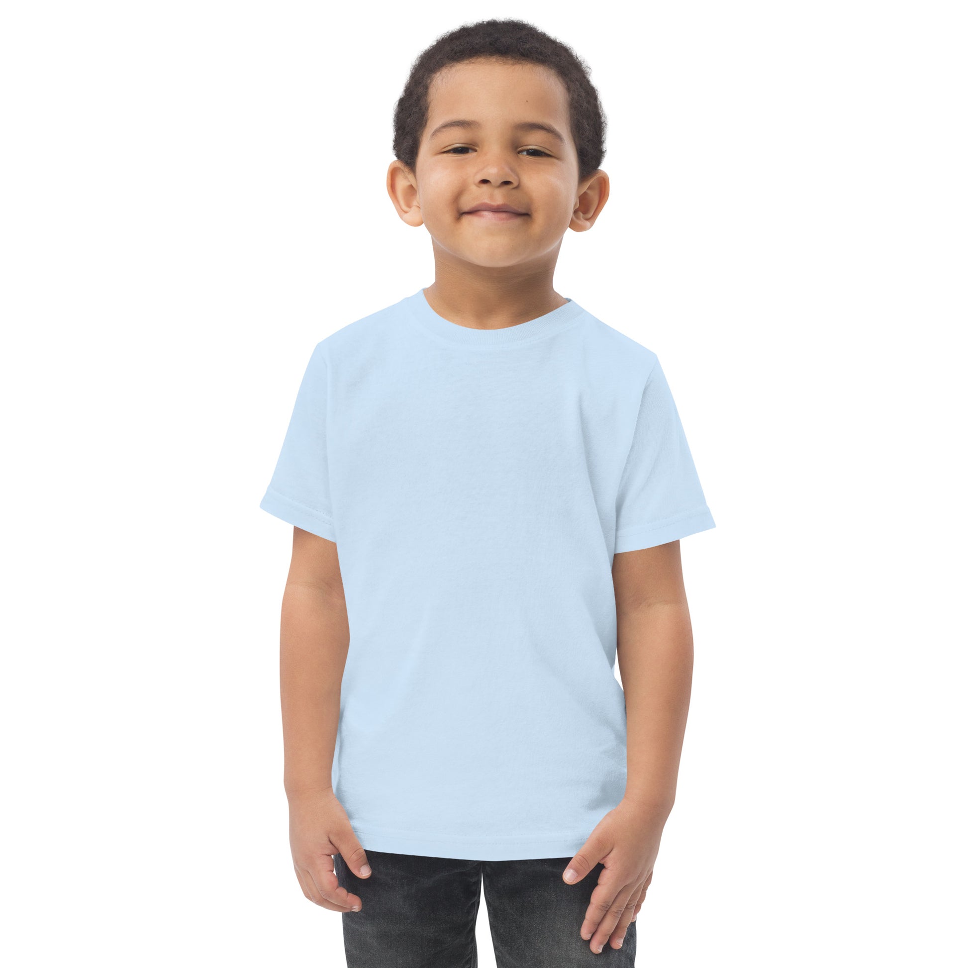 Stumps Custom Wood Toddler jersey t-shirt on a smiling child wearing a light blue t-shirt.