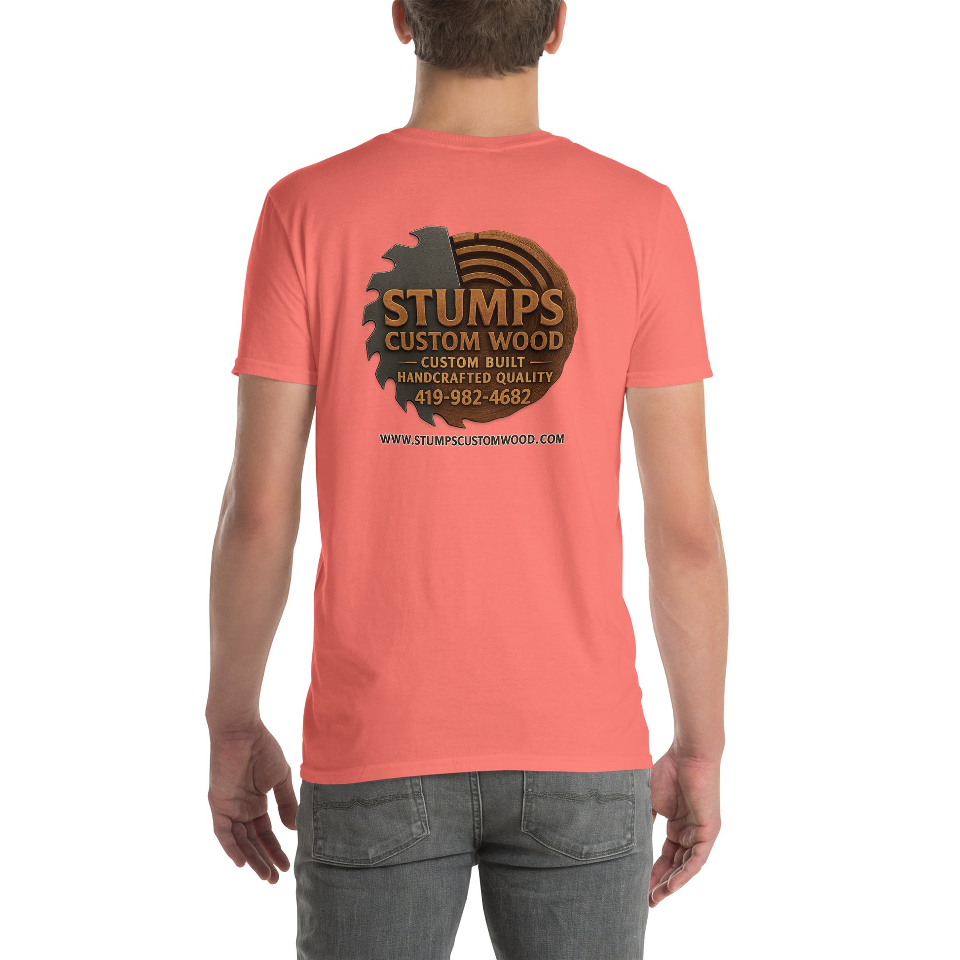 Stumps Custom Wood Short-Sleeve Unisex T-Shirt featuring a logo and contact information on the back.