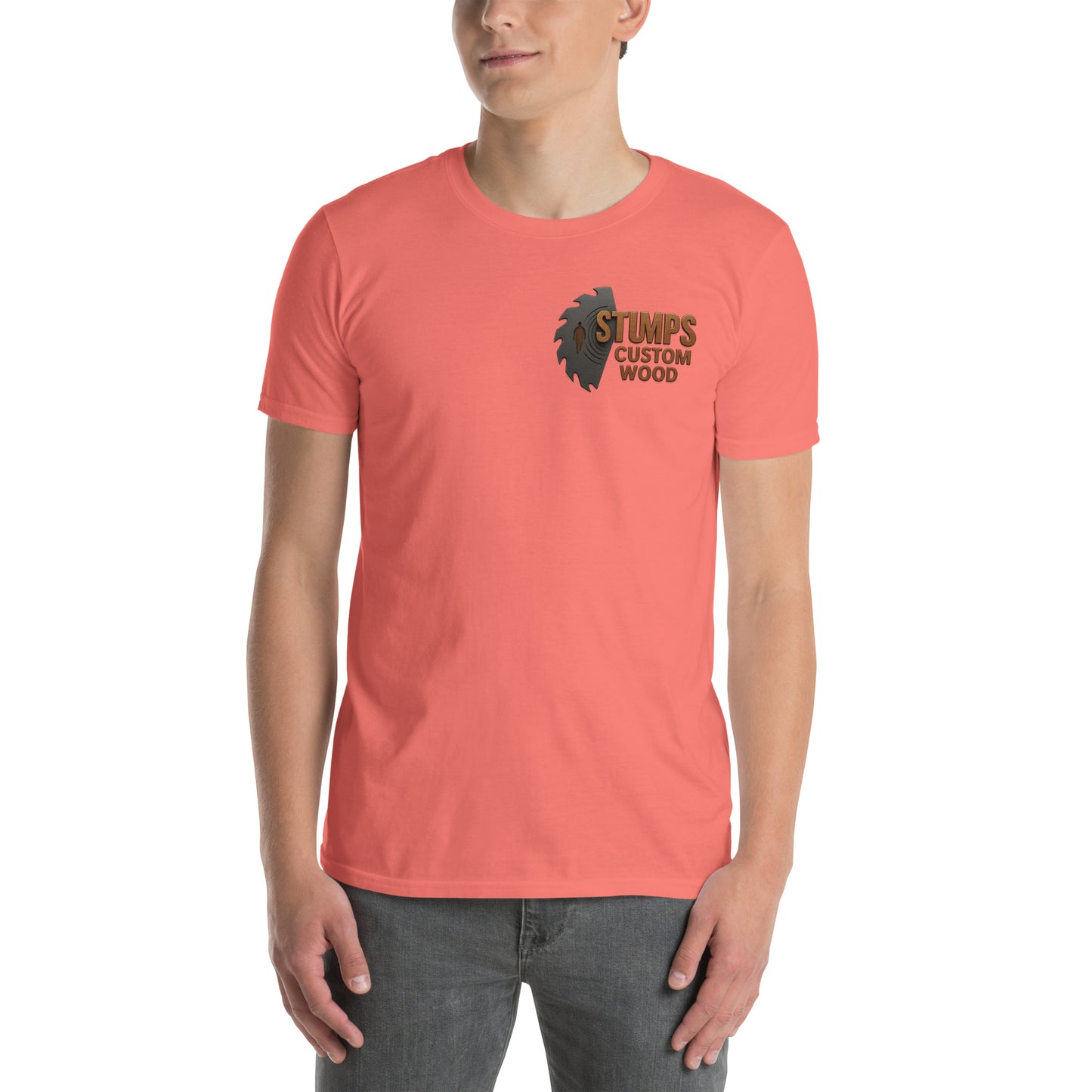 Stumps Custom Wood Short-Sleeve Unisex T-Shirt worn by a man, showcasing its comfortable design and branding.