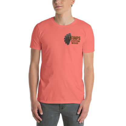 Stumps Custom Wood Short-Sleeve Unisex T-Shirt worn by a man, showcasing its comfortable design and branding.