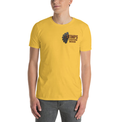Stumps Custom Wood Short-Sleeve Unisex T-Shirt in yellow, featuring a unique logo and soft cotton fabric.