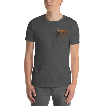 Stumps Custom Wood Short-Sleeve Unisex T-Shirt in dark heather color, showcasing soft fabric and durable design.