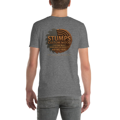 Stumps Custom Wood Short-Sleeve Unisex T-Shirt featuring logo on grey fabric, showcasing handmade quality and comfort.