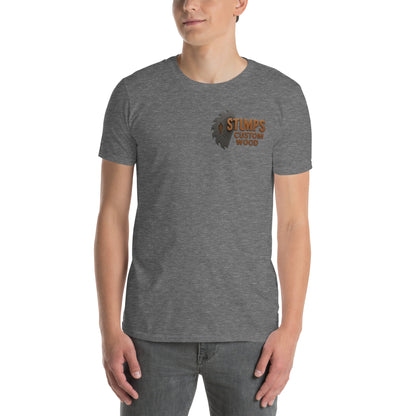 Stumps Custom Wood Short-Sleeve Unisex T-Shirt in grey, featuring a unique wood logo design.