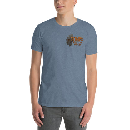 Stumps Custom Wood Short-Sleeve Unisex T-Shirt displayed on a model, showcasing the logo in a casual style.