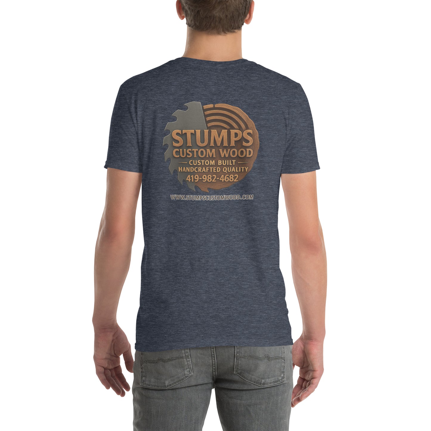Stumps Custom Wood Short-Sleeve Unisex T-Shirt featuring logo design on back, perfect for casual wear.