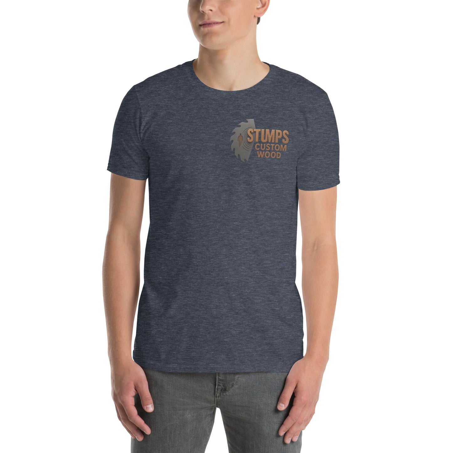 Stumps Custom Wood Short-Sleeve Unisex T-Shirt in navy color shown on a model, showcasing a durable and comfy design.
