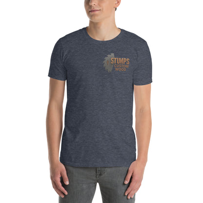 Stumps Custom Wood Short-Sleeve Unisex T-Shirt in navy color shown on a model, showcasing a durable and comfy design.