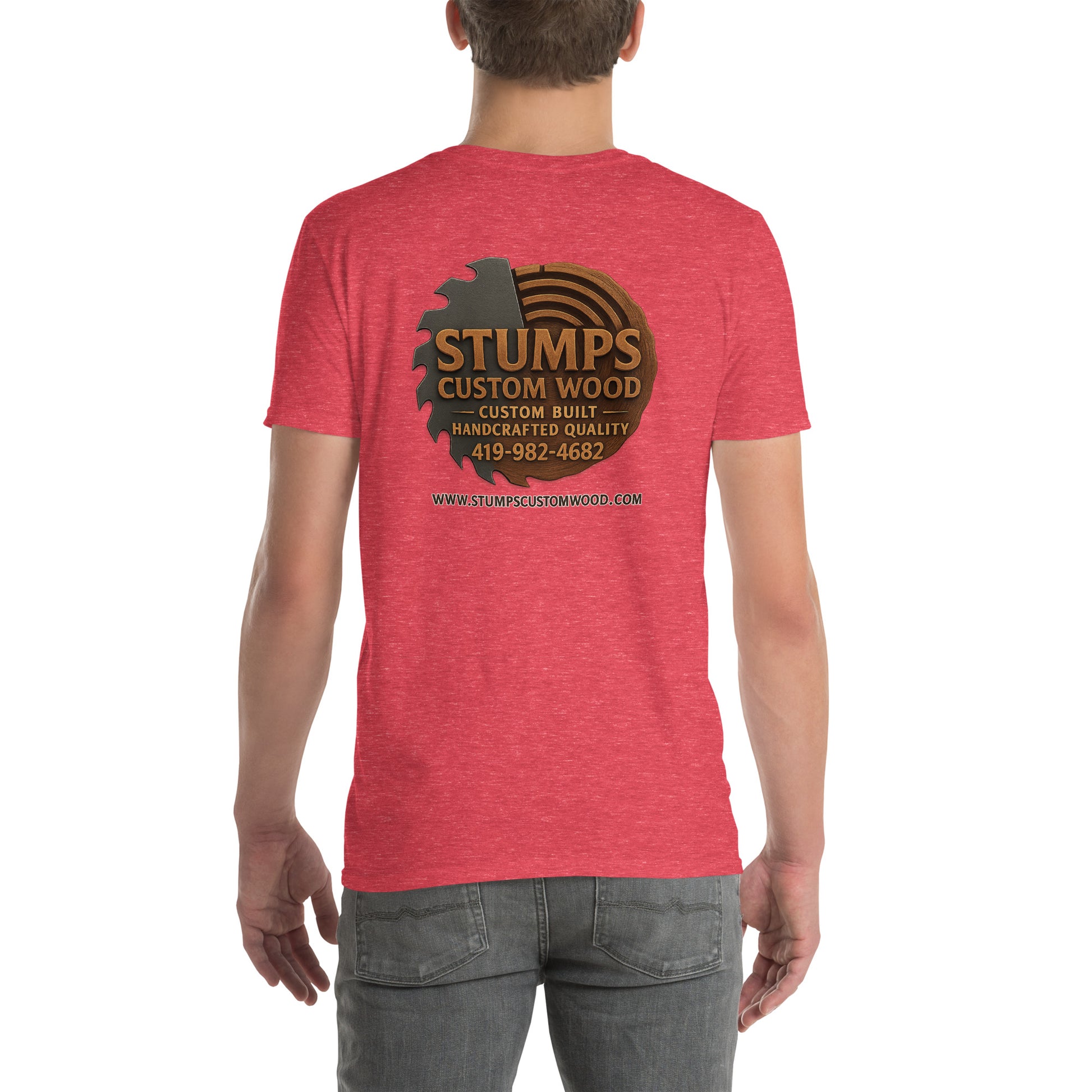 Person wearing a Stumps Custom Wood Short-Sleeve Unisex T-Shirt showcasing the back design with logo.