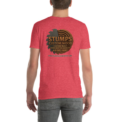 Person wearing a Stumps Custom Wood Short-Sleeve Unisex T-Shirt showcasing the back design with logo.