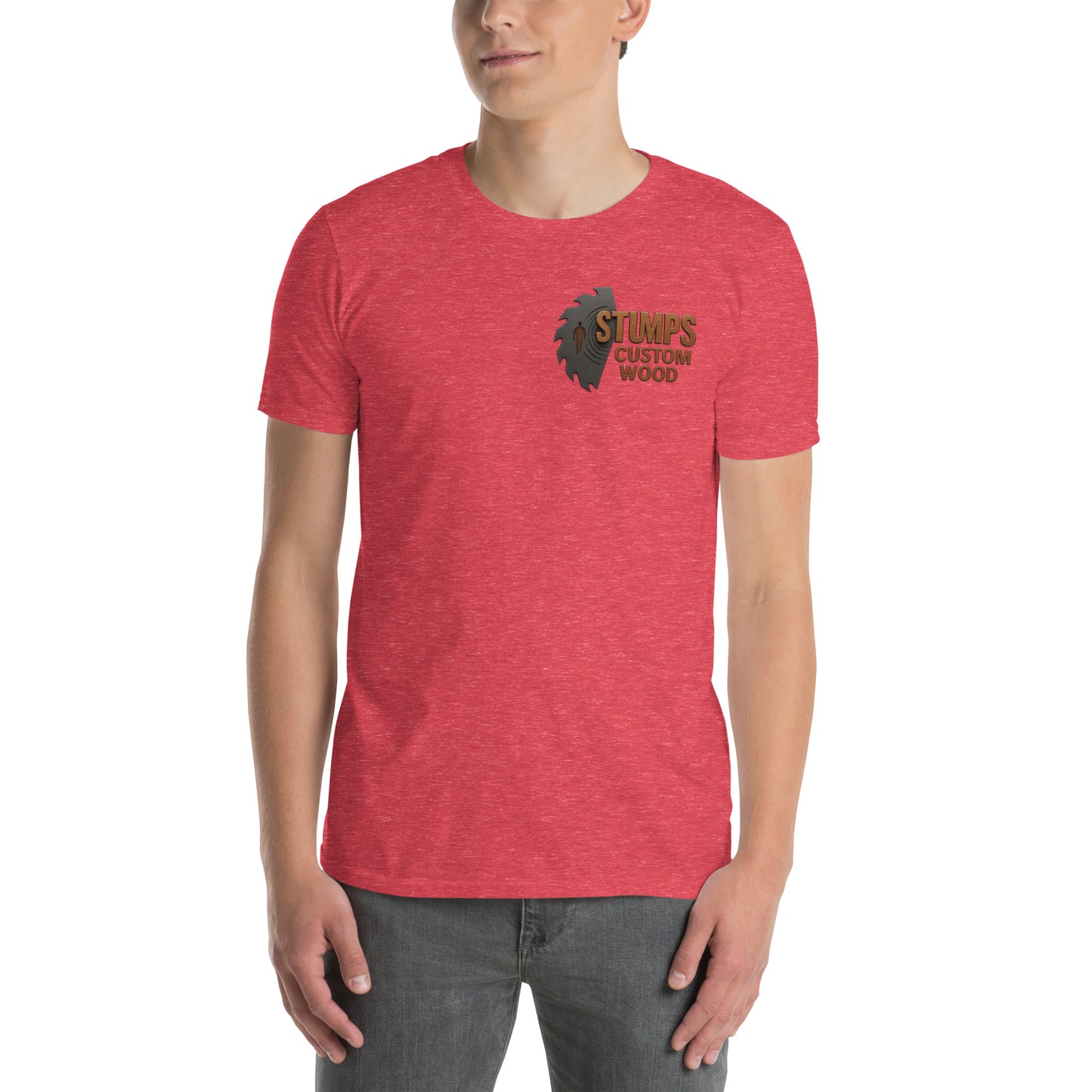 Stumps Custom Wood Short-Sleeve Unisex T-Shirt on model in red, showcasing soft fabric and durable design.