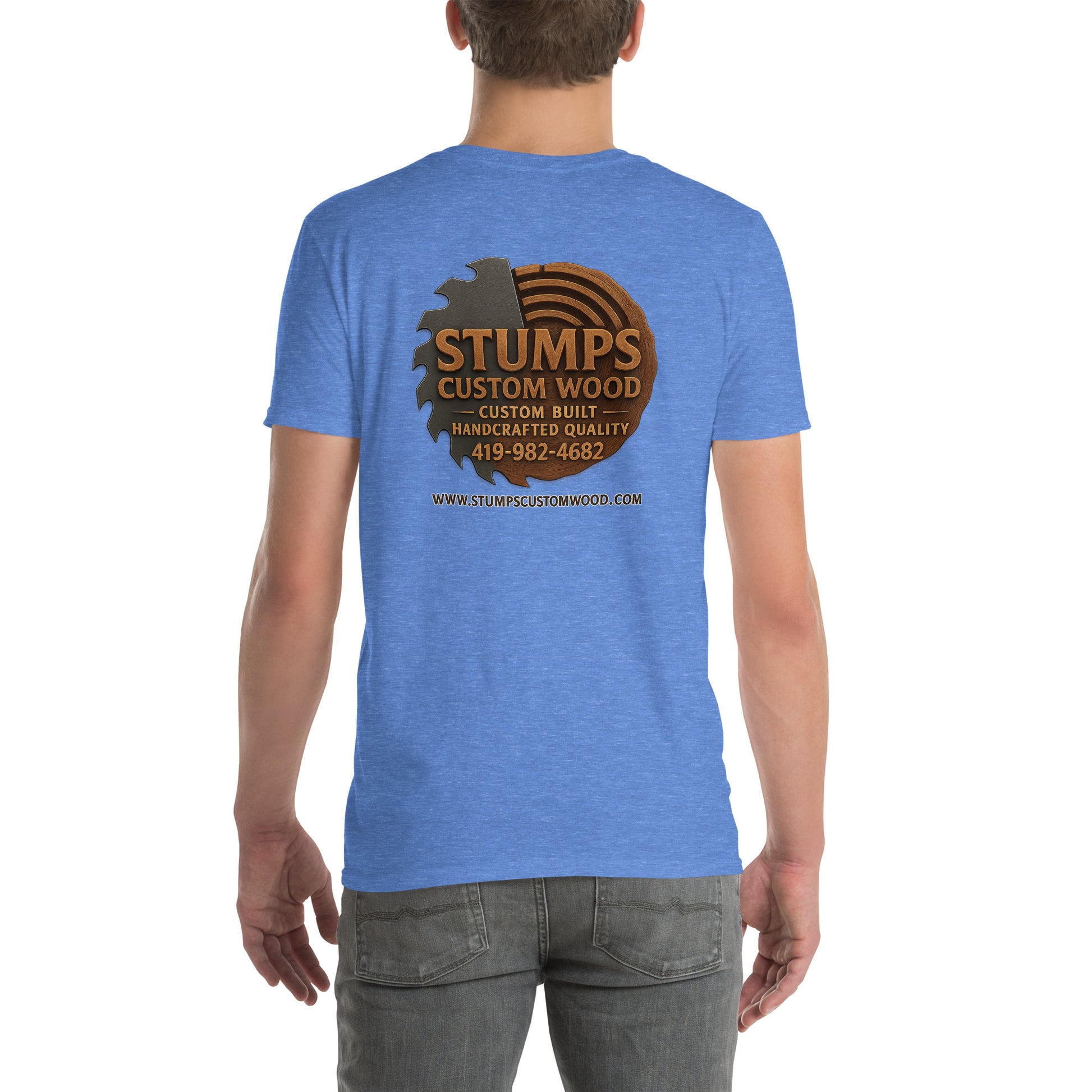 Stumps Custom Wood Short-Sleeve Unisex T-Shirt featuring a logo and contact information on a blue background.
