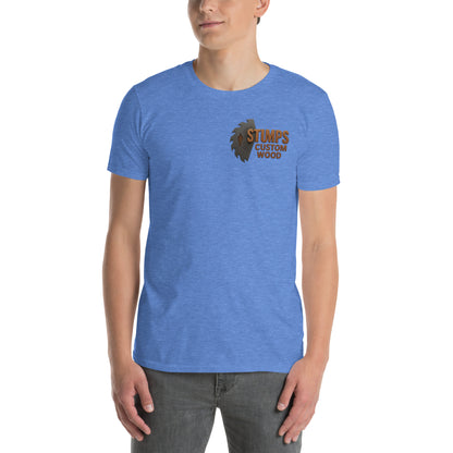 Stumps Custom Wood Short-Sleeve Unisex T-Shirt in blue worn by a model featuring a logo design.